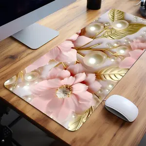 Floral Pearl  Pattern Desk Mat,  Aesthetic Painting Large Gaming Desk Mat, Office Desk  Poccessories, Desktop Accessory, Non-slip Rubber Base Stitched Edge Desk Pad for Home Office Game, Pastel Color