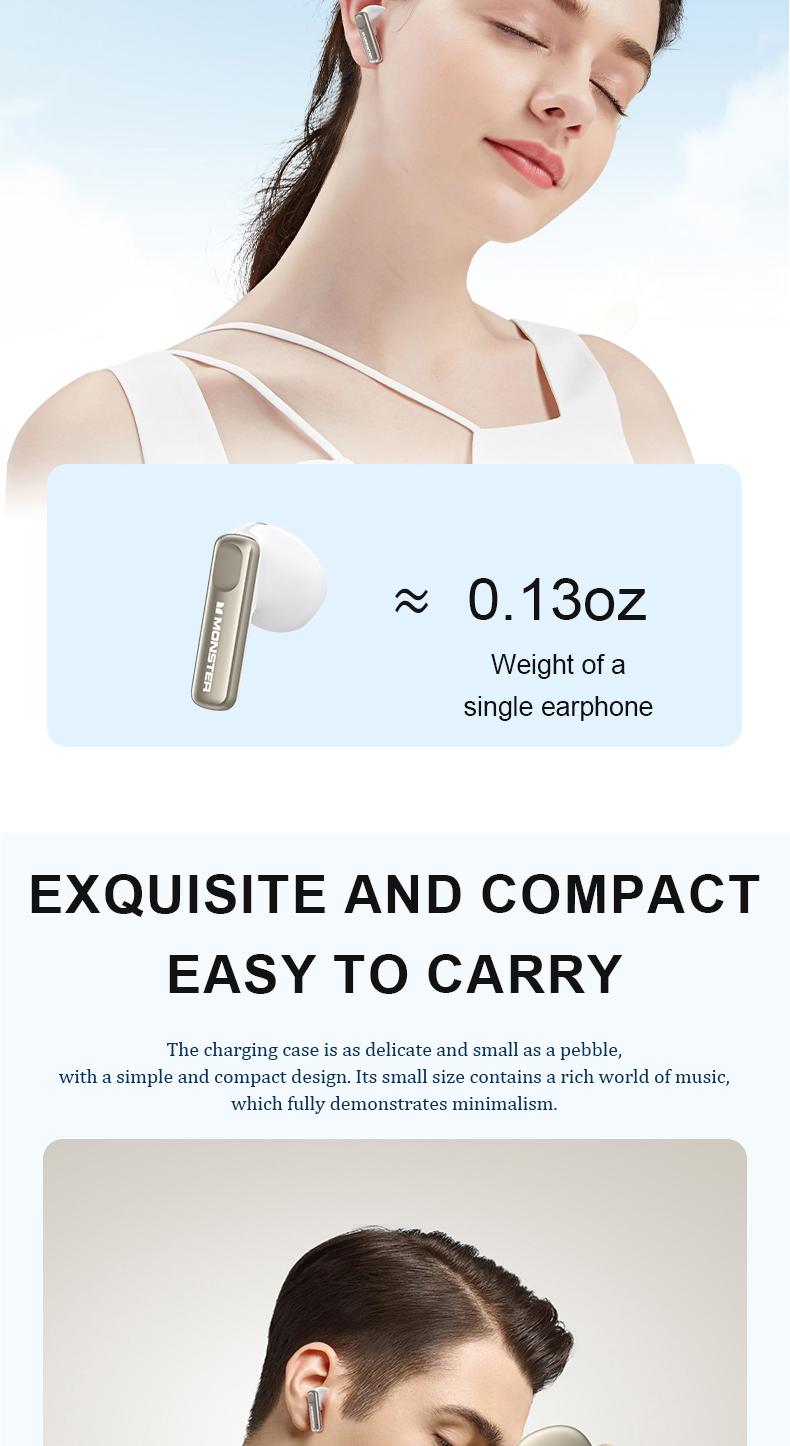 Monster Earbuds Real-Time, Voice-to-Text Recording, Baidu App Language Assistant, Noise-Cancelling Calls, Ultra-Light 0.13oz, Bluetooth 5.4 Headphones, 10-Min Quick Charge for 1-Hour Playback, Business Travel Learning, Gifts for Men & Women