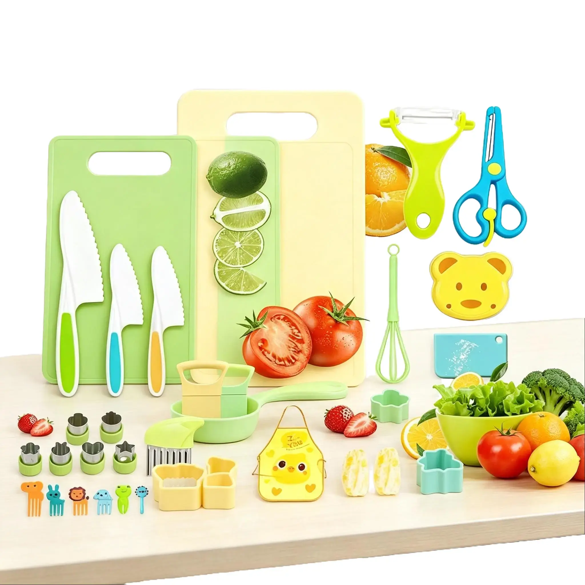 32PCS Toddler Kitchen Tools Set, Safe Kids Cooking Knives for 5-10 Year Olds, Children Kitchen Gadgets, Cute Holiday Gift for Kids