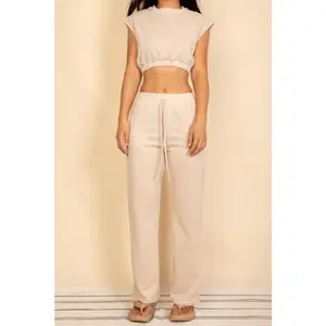 Elastic Hem Crop Top & Wide Leg Pants Set