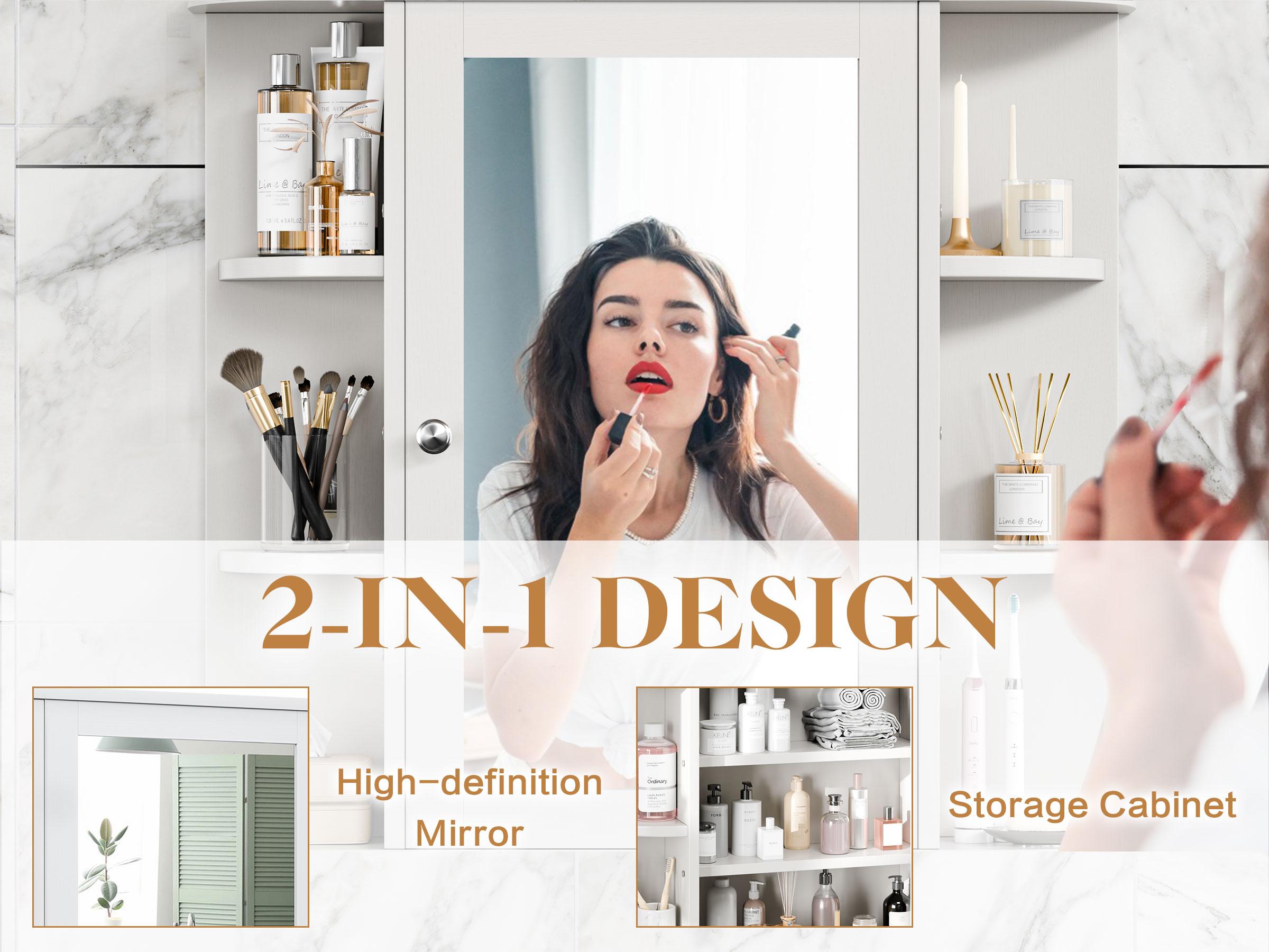 Walsunny Bathroom Medicine Cabinet with Mirror, Wall Mounted Storage Cabinet, Mirror Door & 6 Open Adjustable Shelves, Bathroom Wall Organizer, White