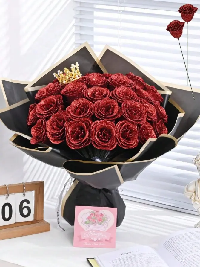 2.76" Glitter Rose Bouquet DIY Artificial Flower Arrangement | Everlasting Shiny Roses with Wrapping Paper | Floral Gift for Anniversary, Wedding, Home & Party Decoration