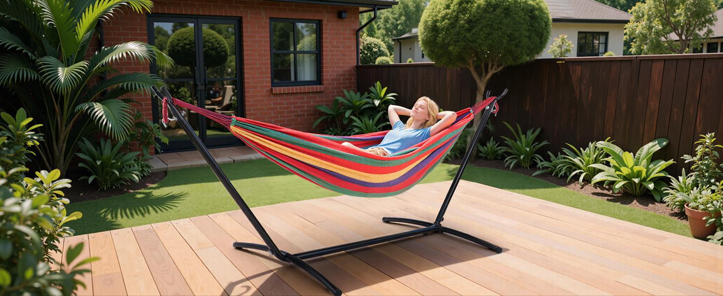 Hammock with Space Saving Stand, Heavy Duty Steel Frame, Portable for Outside & Indoor Use, 450lbs Capacity, Easy Assembly, Carrying Bag Included