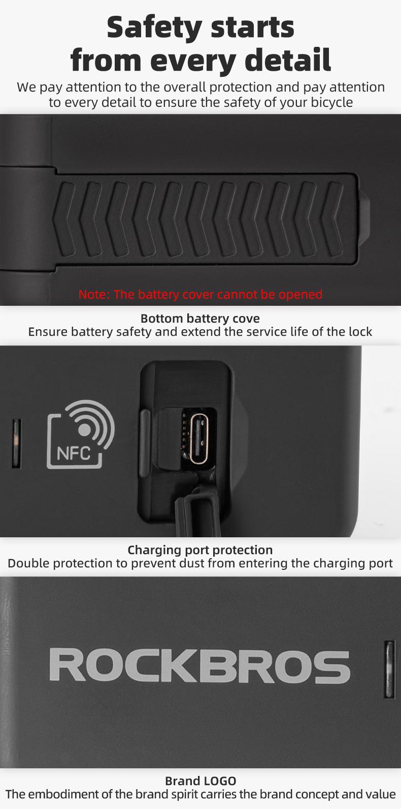 ROCKBROS Smart U Lock NFC Unlocking MTB Road Bike Lock  Anti-theft Lock Waterproof Rechargeable Safety Bike Lock