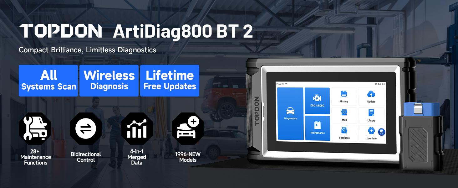 TOPDON AD800BT 2 OBD2 Scanner, 28+ Reset Service All System Automotive Diagnostic Tool, Active Test, FCA Autoauth, CAN-FD, Lifetime Free Update Bidirectional Scan Tool TOPDON AD800BT 2 OBD2 Scanner, 28+ Reset Service All System Automotive Diagnostic Tool, Active Test, FCA Autoauth, CAN-FD, Lifetime Free Update Bidirectional Scan Tool