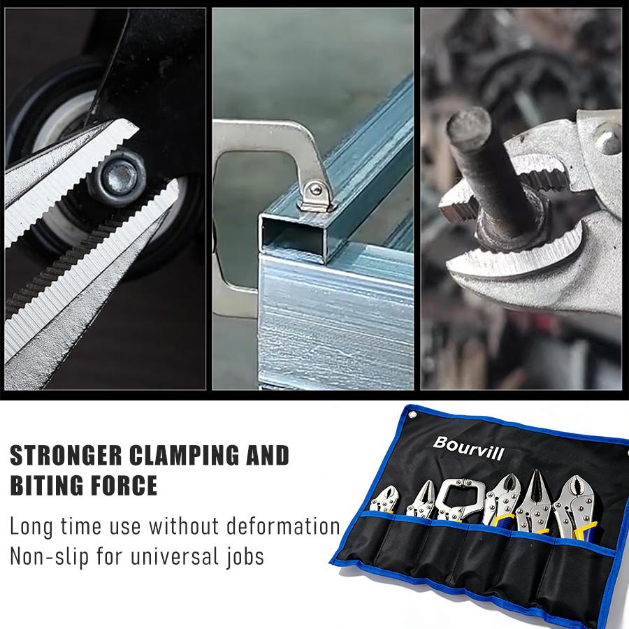 6-Piece Locking Pliers, Vice Grips Pliers Set, 5",7" & 10" Curved Jaw Locking Pliers, 6-1/2" & 9-1/2 Long Nose Locking Pliers, 6" Locking C-Clamp, Two-Color TPR Handle, Roll Up Pouch Included