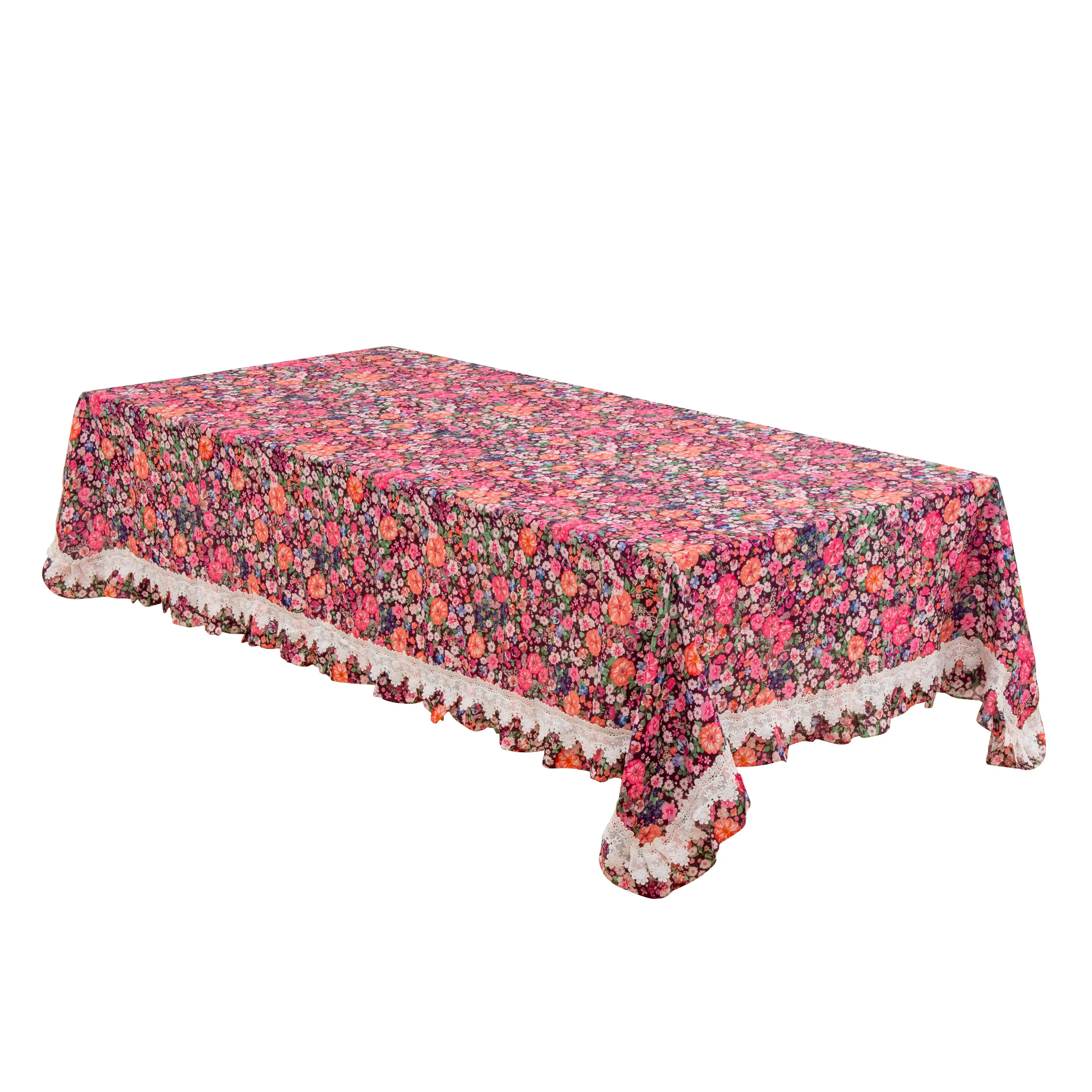 CALIFORNIA ZINNIA 100%  Linen Printed Tablecloth with Lace Trim