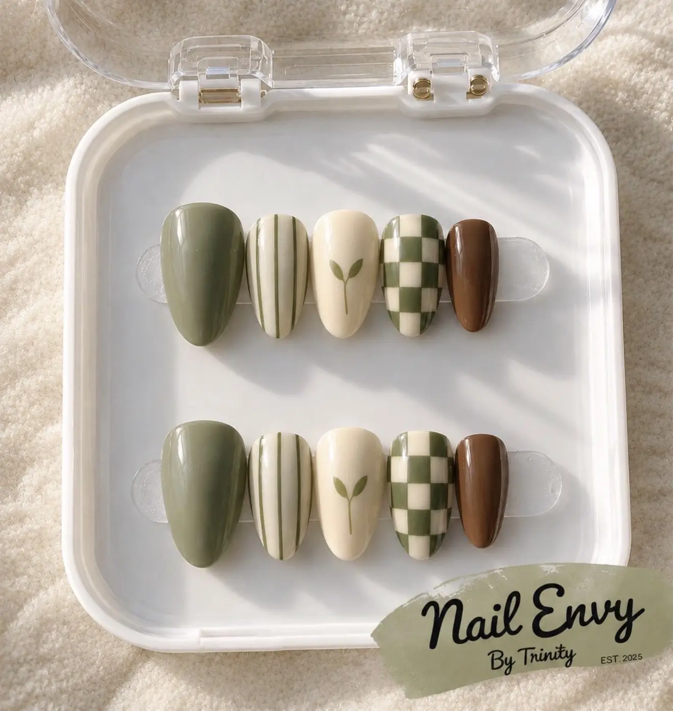 Sage Green Checkerboard Press On Nails | Botanical Almond False Nails