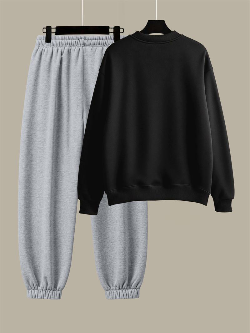 Men's Cotton Solid Color Casual Tracksuit Set Loose Fit Crew Neck Sweatshirt with Matching Jogger Pants for Fall Winter Comfortable Menswear Outfit for Outdoor Activities Sporty Commute Fitness and Relaxed Everyday Wear