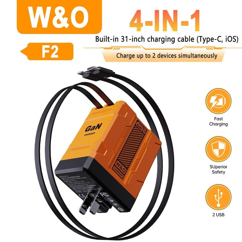 W&O 4-in-1 Portable GaN Fast Charger  Compatible with 120W Fast Chargeing with Retractable Cable USB-C & Lightning Usb Connector iphone 16 plus cases smart watch iphone 15 pro max earbuds portable charger chargers android phones power bank power bank