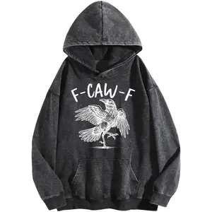 Holafish Unisex Hoodies F-Caw-F Black Crow Print Acid Wash Hoodie Vintage 2025 Sweatshirt Oversized Loose Fit Winter Warm Streetwear Casual Tunic Crewneck