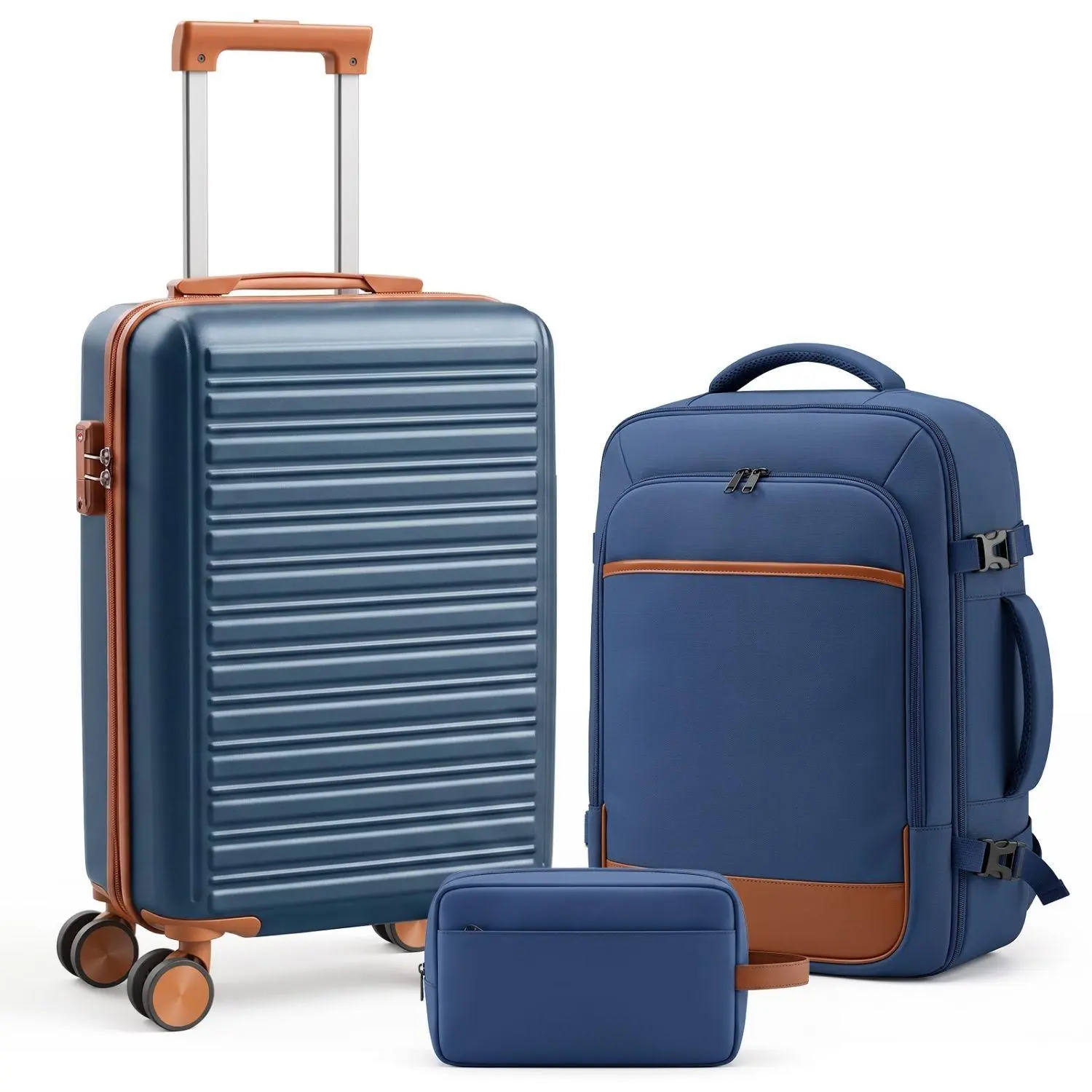 3-Piece Hardside Luggage Set with Compression Straps – TSA Lock Spinner Suitcase, Backpack & Toiletry Bag for Travel