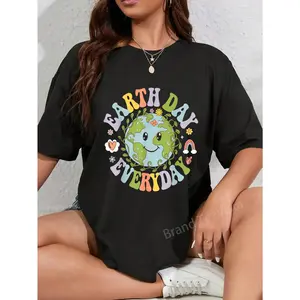 100% Cotton Groovy Earth Day Funny Cute Earth With Floral Earth Day 2026 T-Shirt