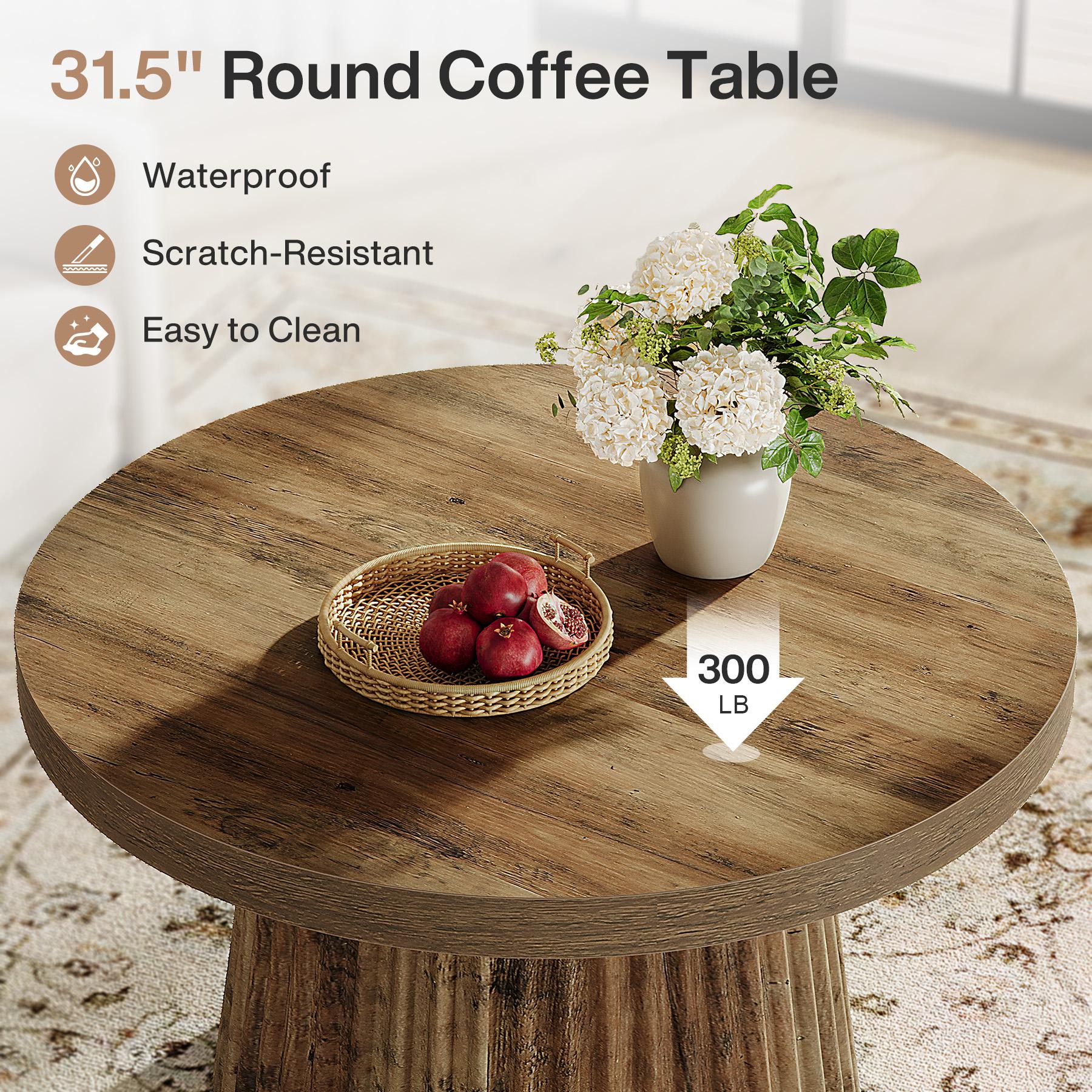 LITTLE TREE Round Coffee Table, 31.5" Modern Circle Center Table with Fluted Drum Base and Wood Grain Finish, Minimalist Accent Cocktail Table for Living Room, Apartment, Small Space