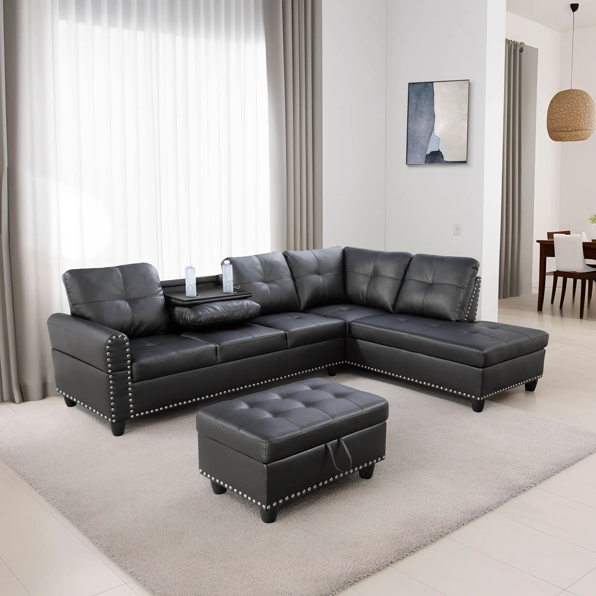 Modern Black Leather 6-Seat Modular L-Shaped Sofa Set with Studded Accents, Rolled Arms, Storage Ottoman - Sofas for Living Room, Requires Assembly