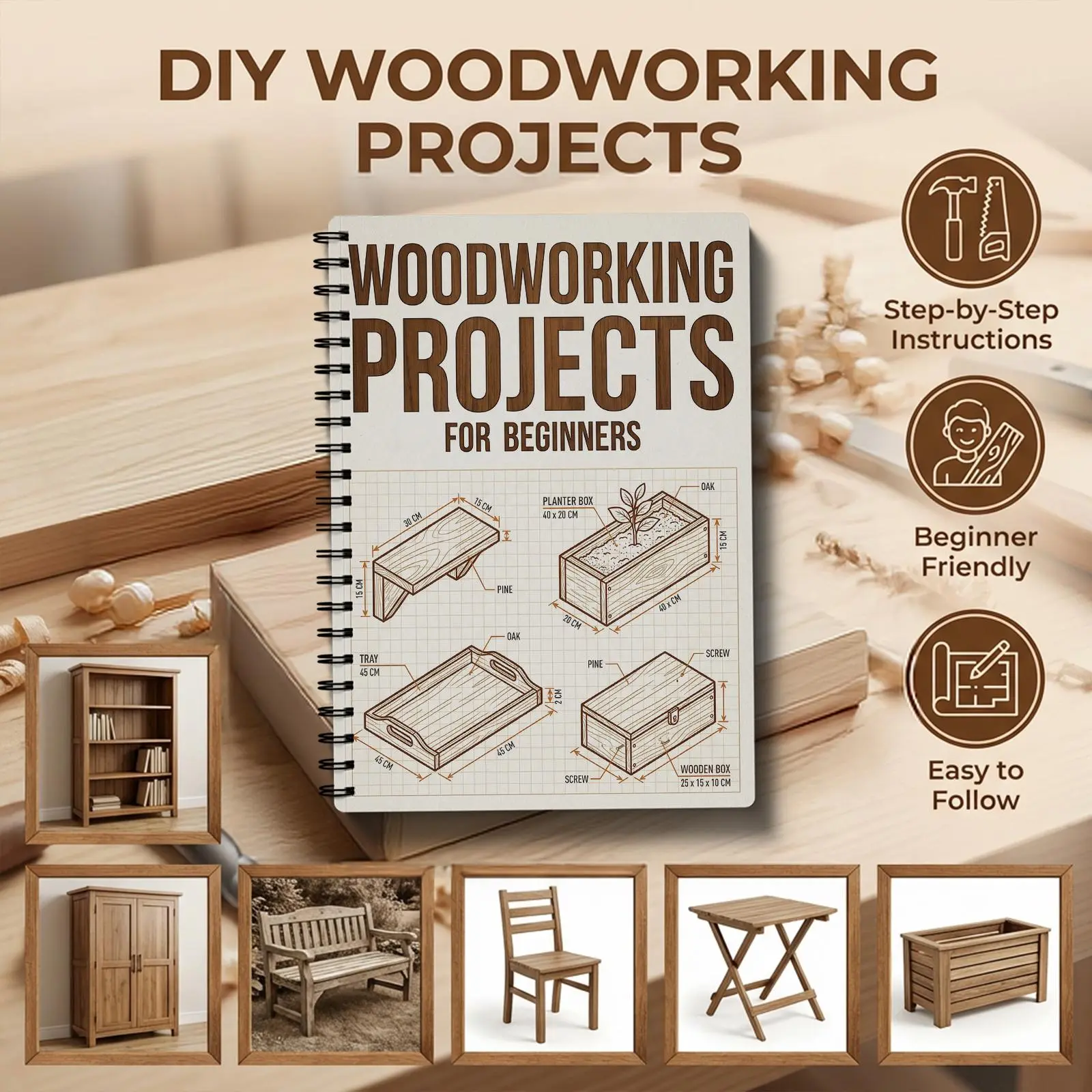 A woodworking project plan for beginners with detailed guides, Design, Tutorial, illustrations, and templates with measurements to create functional and aesthetically pleasing wooden objects