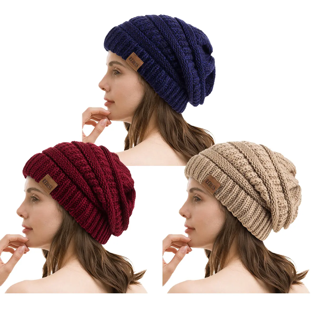 REDESS Women’s 3-Piece Acrylic Winter Cozy Loose Beanie Hat Set, Thick Warm Knitted Slouchy Cap for Adults’ Outdoor Sports, Hats for Women