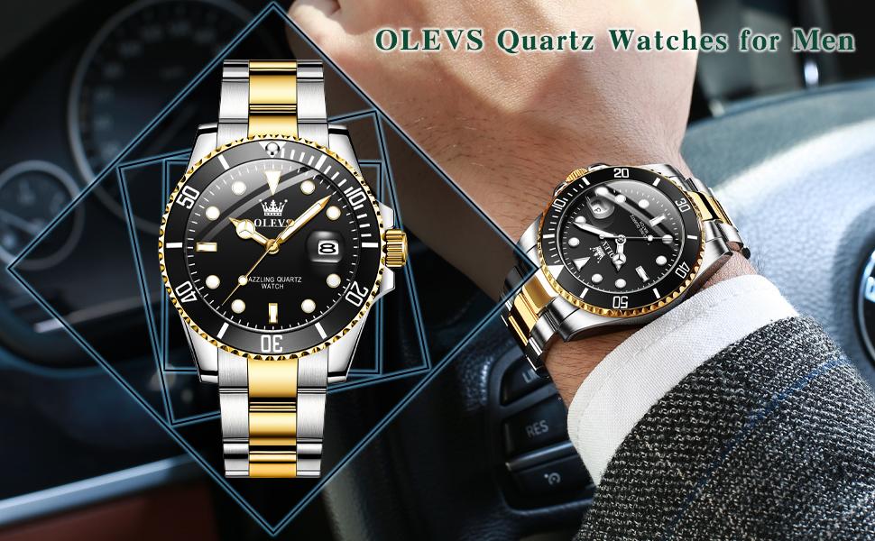 OLEVS Men's Stainless Steel Chronograph Watch, Large Face Gold Blue Silver Black Tone Easy-to-Read Analog Quartz Watch