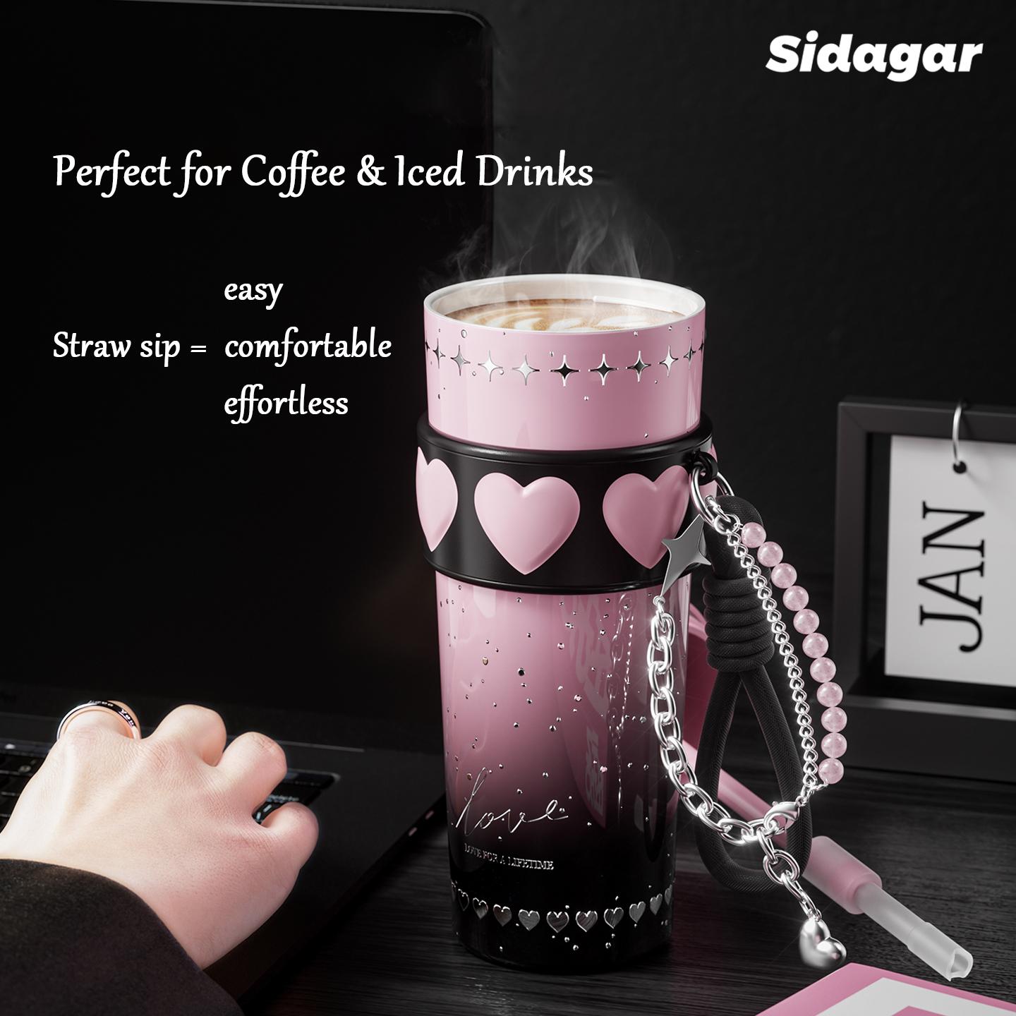 [Sidagar] 24oz Tumbler Water Bottle Cup For Women, Heart Silicone Band With Bracelet Charm, 316L Stainless Steel Ceramic-Coated Interior, Leak-Proof Straw Lid, Portable Drinkware Flask, Wide Mouth Easy Clean, Fits Car Cup Holder, Gift
