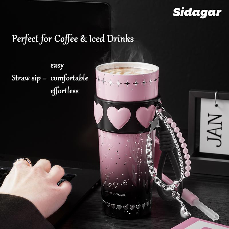 [Sidagar] 24oz Tumbler Water Bottle Cup For Women, Heart Silicone Band With Bracelet Charm, 316L Stainless Steel Ceramic-Coated Interior, Leak-Proof Straw Lid, Portable Drinkware Flask, Wide Mouth Easy Clean, Fits Car Cup Holder,Valentine's Day Gift