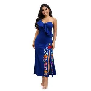 Women's Embroidered Dress Size Large Elegant One Shoulder with Slit Made in Mexico Unique Color Pattern