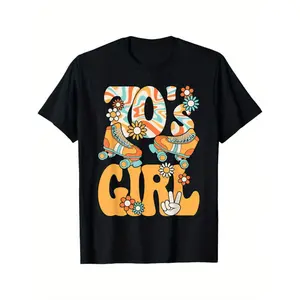Vintage 70s Hippie Style T Shirt For Women Plus Size Soft Comfortable Knit Vibrant Floral Graphic Fashionable Short Sleeve Casual Summer Tee Black