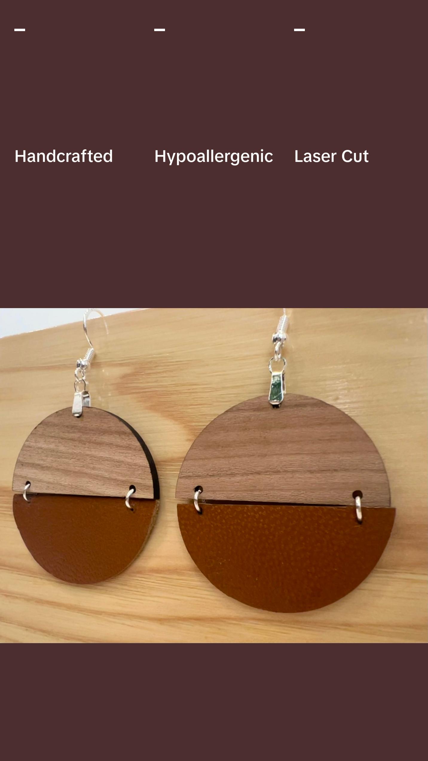 Genuine Cognac Leather and Cherry Earrings Silver S925 clamp style hooks