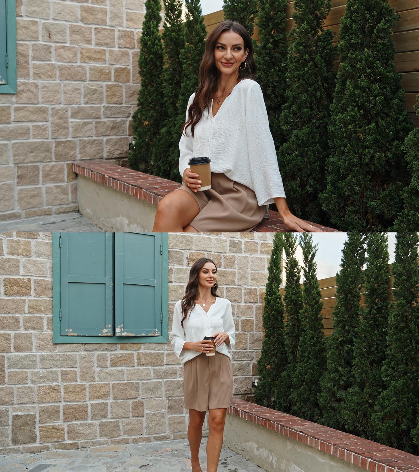 OFEEFAN Button Down Shirts for Women 3/4 Length Sleeve Tops V Neck Blouses Business Casual Outfits Loose Fitmenswear Basic Minimalist