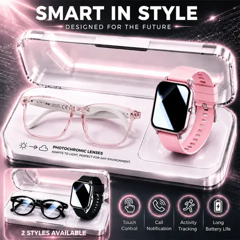 PLEIVO Wearable AI Smart Glasses & Smartwatch Set - Wearable Tech Glasses, Adult Unisex, Wireless, App Translation, Bluetooth Music, Hands-Free Calls, Comfortable Fit (No Gift Box; Gifting Option)
