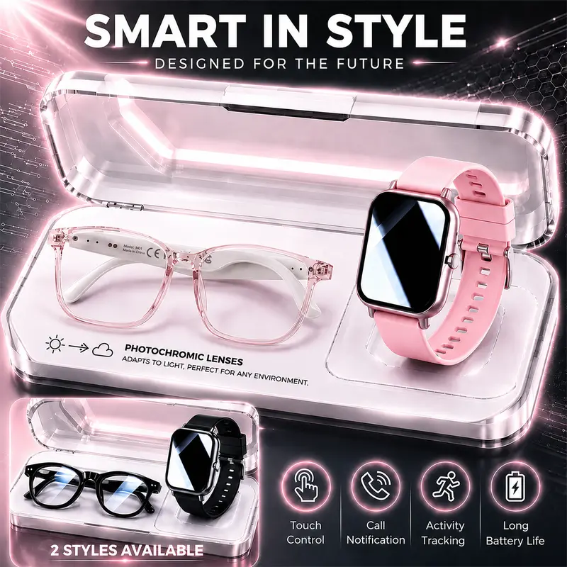 PLEIVO Wearable AI Smart Glasses & Smartwatch Set - Wearable Tech Glasses, Adult Unisex, Wireless, App Translation, Bluetooth Music, Hands-Free Calls, Comfortable Fit (No Gift Box; Gifting Option)