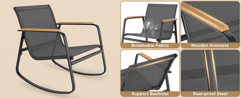 Gizoon 3 Piece Rocking Bistro Set, Textilene Fabric Patio Furniture Set, Front Porch Rocker Chairs with Coffee Table for Lawn, Garden, Balcony, Poolside (Black) Gizoon 3 Piece Rocking Bistro Set, Textilene Fabric Patio Furniture Set, Front Porch Rocker Chairs with Coffee Table for Lawn, Garden, Balcony, Poolside (Black)