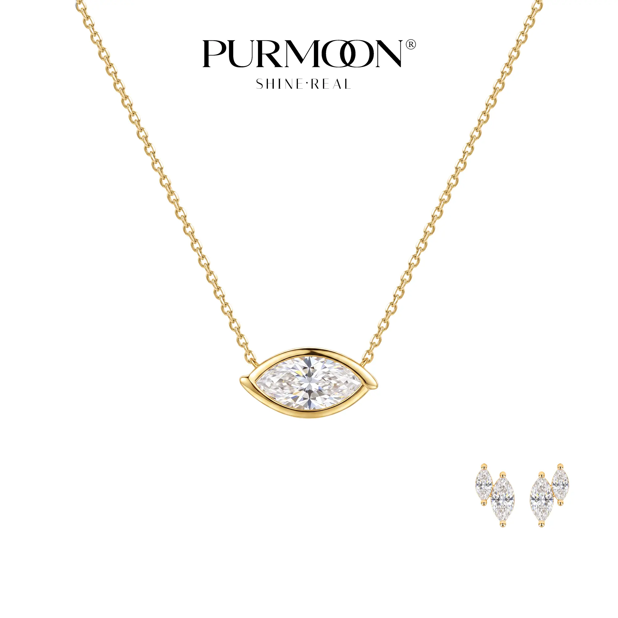 [Marquise Essentials] Purmoon Bezel Moissanite Necklace & Stud Earrings S925 Sterling Silver Everyday Jewelry for Women