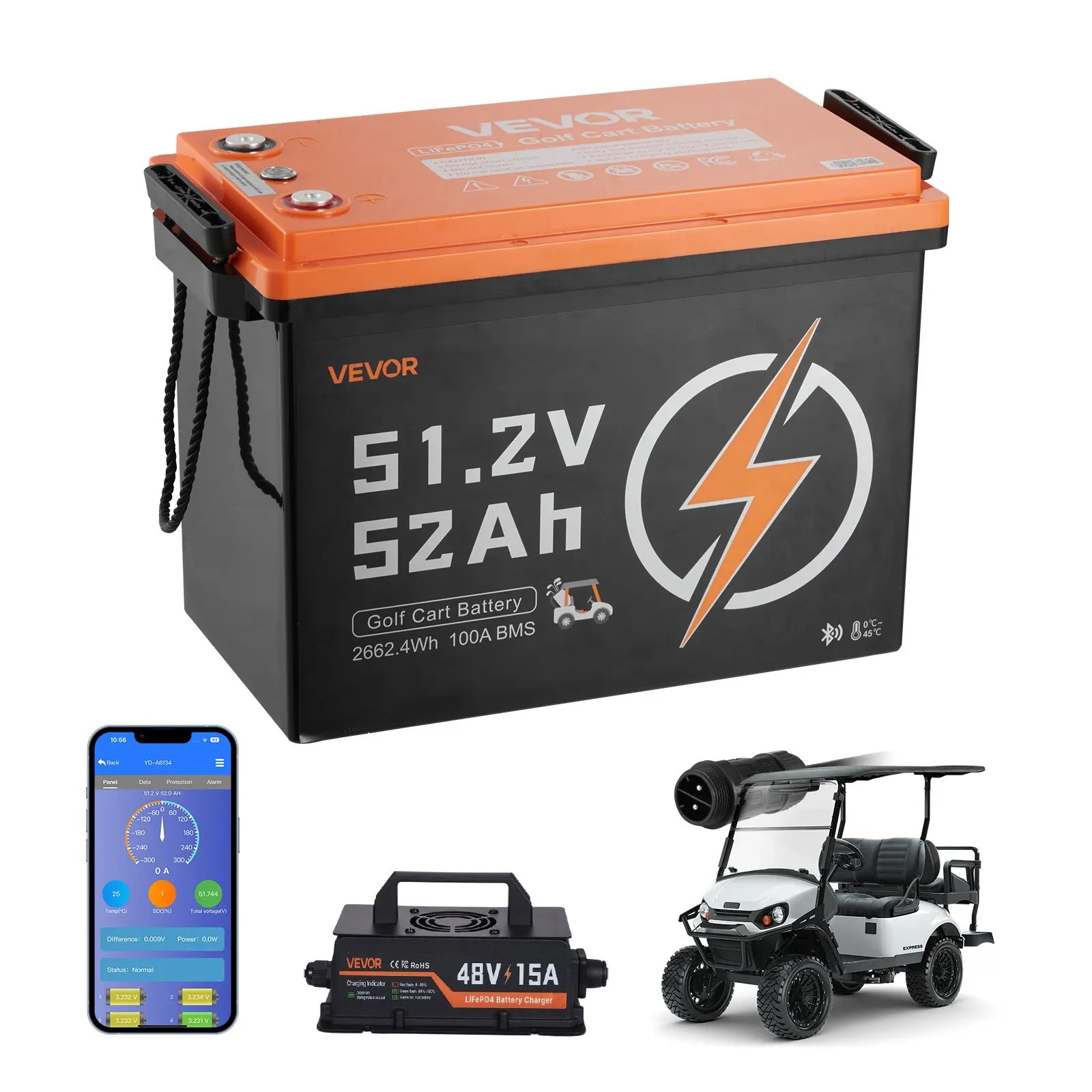 VEVOR 48V (51.2V) 52AH LiFePO4 Golf Cart Battery Kit, 15A Charger, Built-in 100A BMS, 4000 Cycles, 2C Discharge Rate, Bluetooth Mobile APP, for Golf Carts, Trolling Motors (48V Batteries Included)