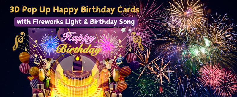 Musical Birthday Cards with Light and Music, Fireworks Pop Up Cake Blowable, 3D Birthday Popup Card Gifts for Women, Men, Mom, Dad, Kids, Teens – Plays Hit Song 'HAPPY Birthday'