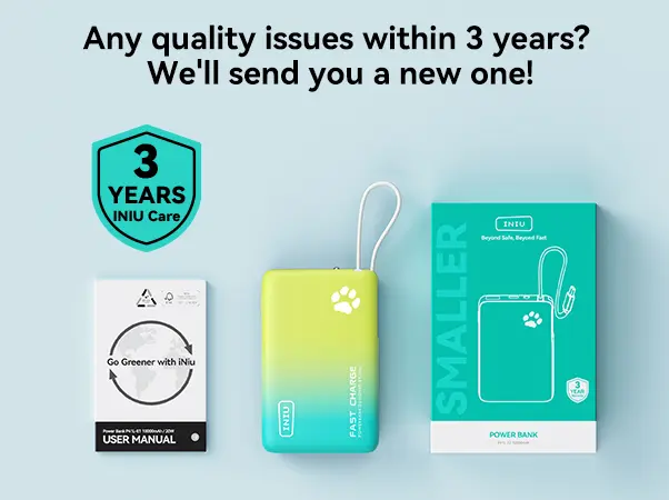 Product Introduction of INIU【2 PACK】PawGO 45W 10000mAh Power bank, Slim PD Fast Charging Portable Charger with Build in USB-C Cable,  Perfect Gift Travel Camping Battery Pack, External Phone Charger for iPhone 17 16 15 14 13 12 11 Series Samsung Google Pixel iPad Compact Handy 12