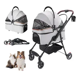 4-Wheel Foldable Pet Stroller For Small Dogs & Cats - 360 Rotating Wheels, Detachable Carrier & Travel Bag Included