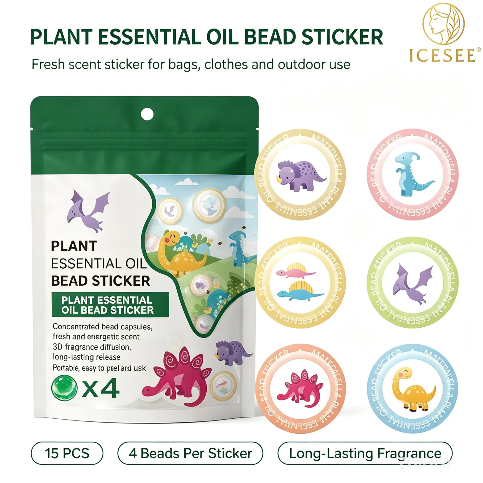 ICESEE 15 Pack Dinosaur Citronella Scent Stickers, Plant Essential Oil Fragrance Patches, Portable Lightweight Decor for Outdoor Activities & Party Favors
