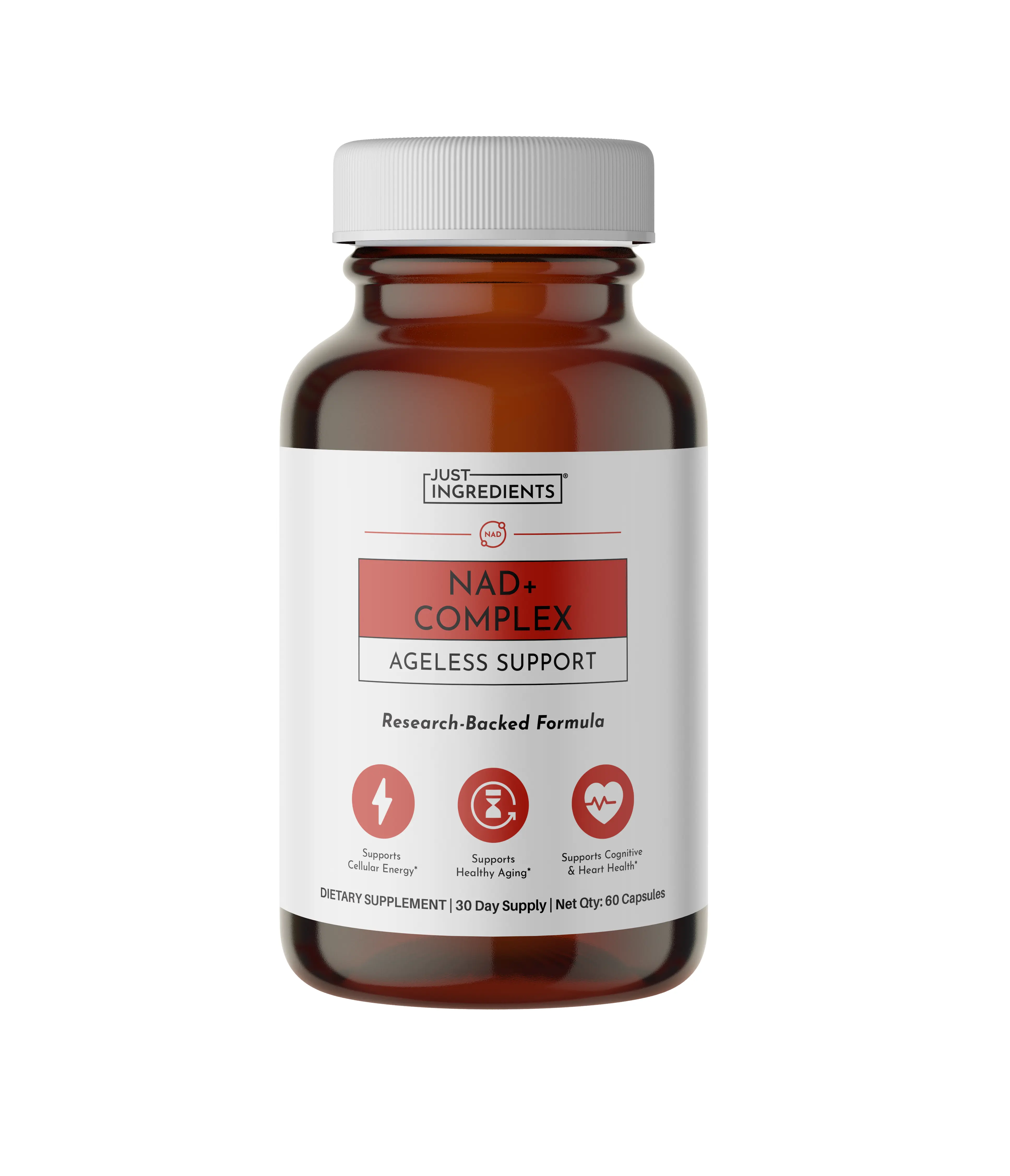 Just Ingredients NAD+ Complex Ageless Support – 60 Capsules – Supports Cellular Energy, Healthy Aging, Mitochondrial Function & DNA Repair – with Nicotinamide Riboside, Resveratrol, Beet Root & NAD3 Complex