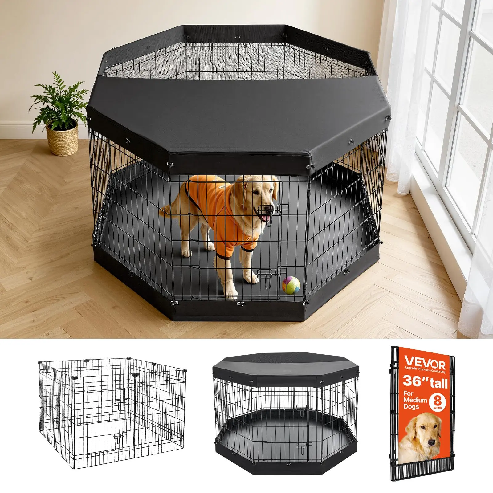 VEVOR 36-Inch 8-Panel Metal Frame Dog Playpen, Folding Indoor Exercise Pen with Top Cover, Bottom Pad, Door, Heavy Duty Pet Fence for Dogs