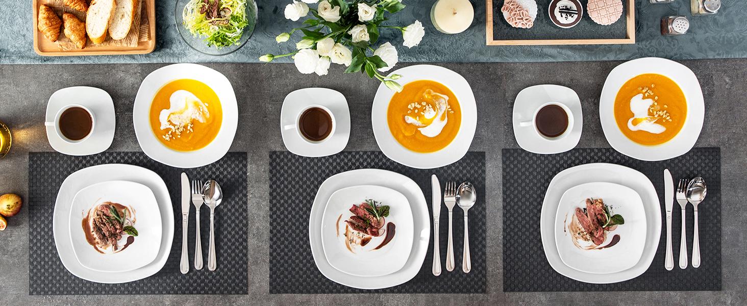 MALACASA Porcelain Dinnerware Set, White Cutlery Dish Set for 6, Square Ceramic Dishware Sets, Chip and Scratch Resistant Plates and Bowls Sets, Cups and Saucers Tableware, Series ELISA