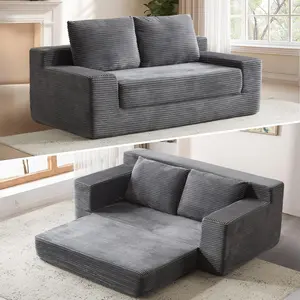 71" Cloud Loveseat Pull Out Sofa, Convertible Loveseat Sofa with Pillows, Corduroy Folding Couch Bed with Deep Seat, Boneless Couch for Small Room, No Assembly Required, Dark Grey