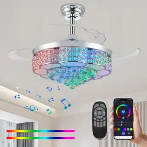 Zynfandor RGB Retractable Crystal Chandelier Fan with Light and Speaker Dimmable Bluetooth Ceiling Fan, 6 Speed Timer Fandelier, APP/Remote Control & Speaker for Bedroom