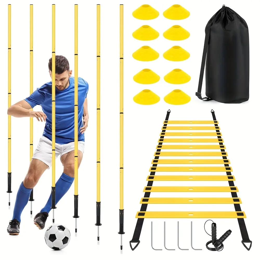 Football Training Agility Ladder Set, Marking Discs, Pole, Ground Stakes, Speed and Precision Training Obstacle Course, Equipment, Soccer