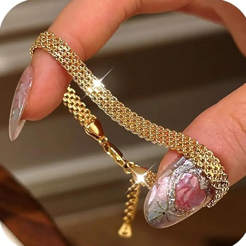 Gold Chain Bracelet with Pink Rose Design and Heart-shaped Charm for Women