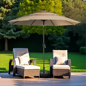 [No Base]3-Tier Solar Patio Umbrella,32 LED Lighted Table Outdoor Umbrella with Tilt Adjustment, Easy Crank,Market Umbrella for Garden, Deck, Backyard, Pool and Beach,Light Brown