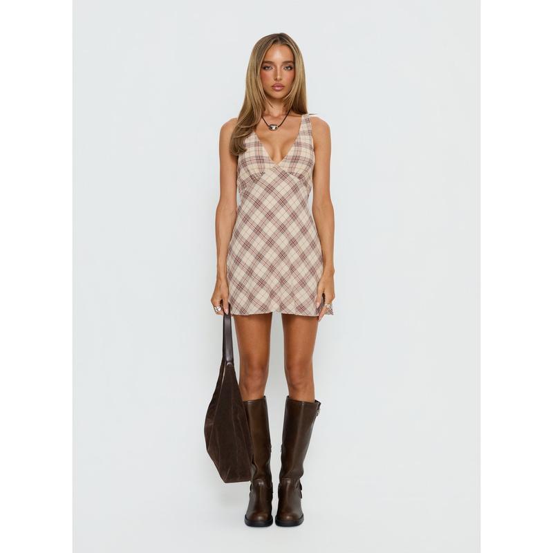 Nellie Mini Dress Beige Plaid