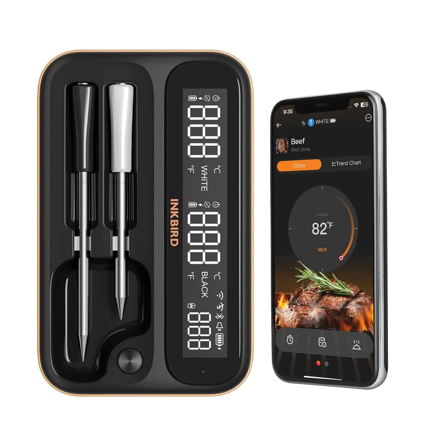 INKBIRD Dual Mode Digital Meat Thermometer - 2 Probes Black, IP67 Waterproof Stainless Steel Kitchen Utensil, Bluetooth-Wi-Fi App Syncing, Backlit LCD, Built for BBQ Grilling & Cooking (Restocked)