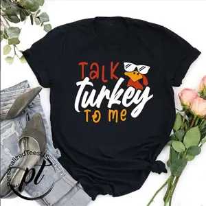 "Talk Turkey To Me" Funny Turkey Graphic T-Shirt, 100% Cotton Casual Short Sleeve Tee, Thanksgiving Humor Top for Women