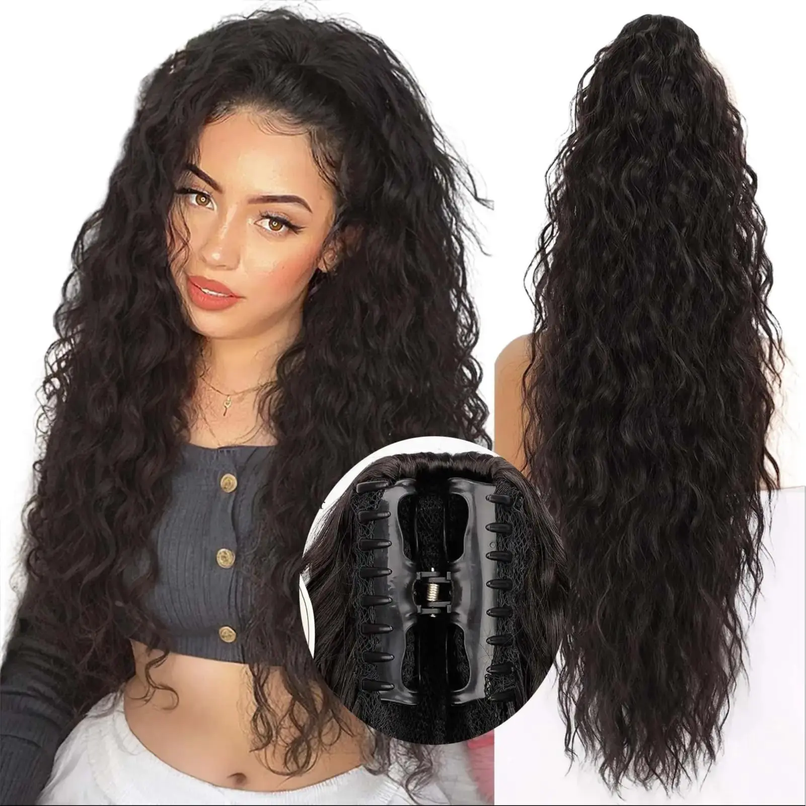 【Flash Sale】AISI HAIR Claw Clip in Ponytail Extension - Wavy Synthetic Hairpiece for Women, 18/22/26/30 Inch for black women Wave Wig Glueless Water Curly