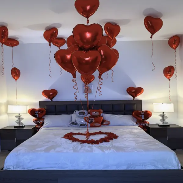 Romantic Foil Heart Balloon Decoration Kit with Twin Teddy Bear Balloon & Silk Rose Petals for Proposals, Anniversaries & Valentine’s Day